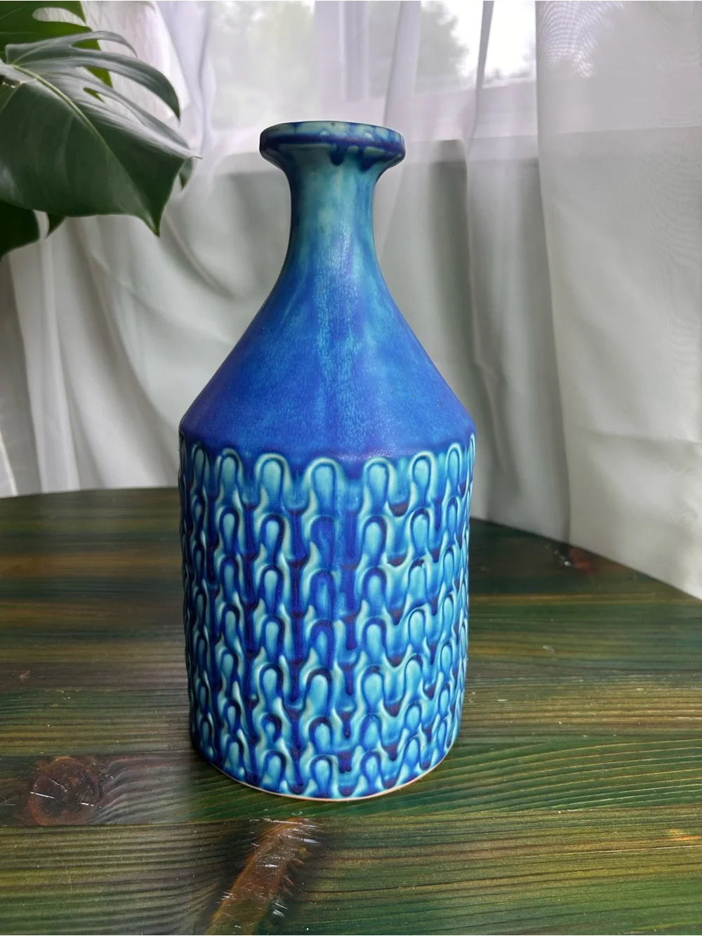 Vintage Blue Drip Glaze Ceramic Vase Textured Mid Century 12” Tall
